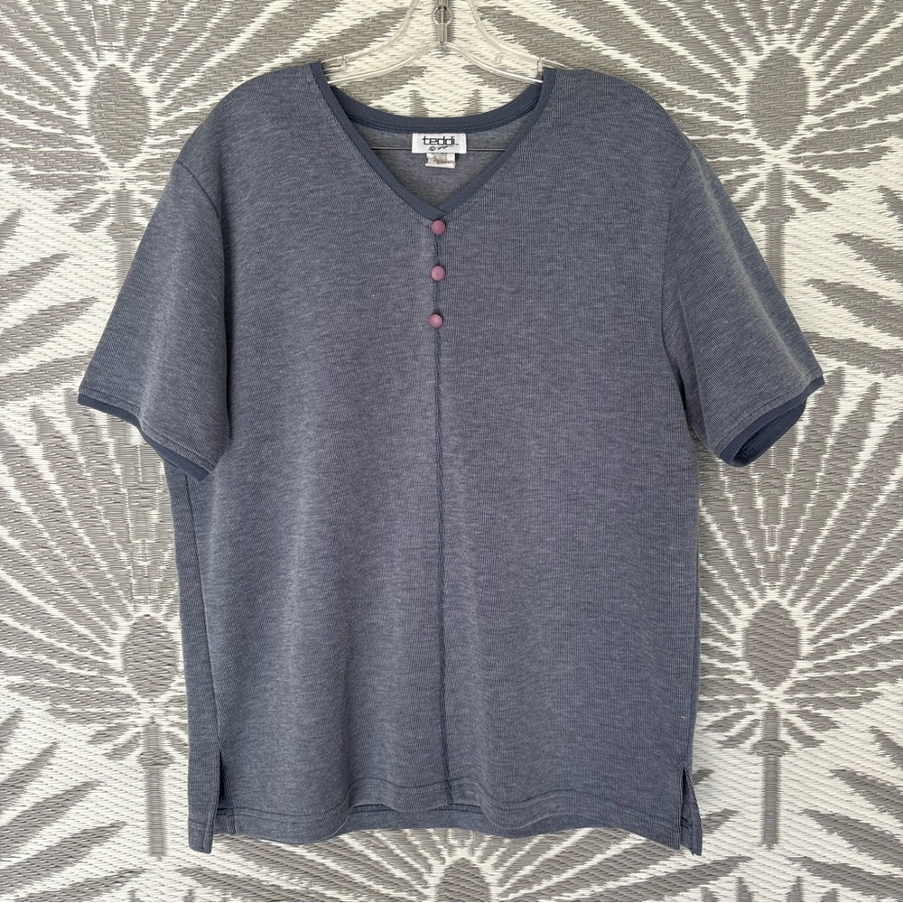 Vtg Henley Rib Knit Shirt V Neck Men’s M Blue Short Sleeve Minimalist USA 90s